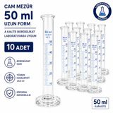Cam Mezür 50 ml Uzun Form A Kalite Borosilikat Laboratuvara Uygun 10 Adet