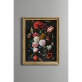 Cam Vazoda Renkli Çiçekler - Vintage Desenli Çerçeve - İnce Model, Altın4, 21 x 30