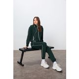 Çam Yeşili Kompakt Pamuklu Kalın Pürüzsüz Dokulu Dik Yaka Oversize Fit Kadın Eşofman Takım - 95340