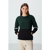 Çam Yeşili Kompakt Pamuklu Kalın Pürüzsüz Dokulu O Yaka Oversize Fit Kadın Sweatshirt - 97289