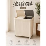 Çamaşır 100 LT Çift Bölmeli Katlanabilir Çamaşır Sepeti Tekerlekli Kirli Çamaşır Toplama Sepeti