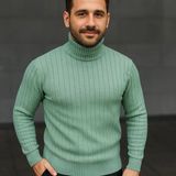 Çamaşır Kenti Erkek Balıkcı Yaka Bağazlı Triko Kazak Pamuklu Kalın Fitilli Dokuma, Regular Fit Uzun Kollu Kı - Mint Yeşili - XL