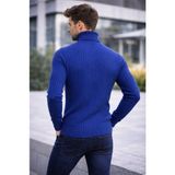 Çamaşır Kenti Erkek Balıkcı Yaka Bağazlı Triko Kazak Pamuklu Kalın Fitilli Dokuma, Regular Fit Uzun Kollu Kışlık Model - İndigo - 2XL