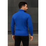 Çamaşır Kenti Erkek Balıkcı Yaka Bağazlı Triko Kazak Pamuklu Kalın Fitilli Dokuma, Regular Fit Uzun Kollu Kışlık Model - Saks Mavisi