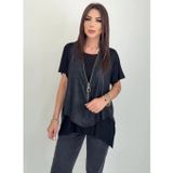 Çamaşır Kenti Kadın Kısa Kollu Yuvarlak Yaka Viskon Bluz + Kolsuz Fermuarlı çatlak Deri Yelek