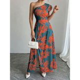 Çamaşır Kenti Kadın Tek Omuzlardan Açık Yırtmaçlı Uzun Desenli Elbise - Kırmızı - 2XL - 3XL