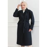 Çamaşır Kenti Kaşe Kaban Uzun Boy Kruvaze Yaka Kuşaklı Tesettür Kaşe Kaban Astarlı - Lacivert