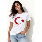 Çamaşır Kenti Tshirt Kısa Kol Bisiklet Yaka Ay Yıldız Bayrak Baskılı Tişört - Beyaz