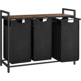 Çamaşır Sepeti, 3 Bölmeli Çamaşır Sepeti, Çıkarılabilir Çamaşır Torbaları, Çamaşır Sıralayıcı, Raf, Metal Çerçeve, 3 x 38L, 92,5 x 33 x 72 cm, Rustik Kahverengi ve Siyah BLH301B01