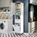 Çamaşır Sepetli Banyo Dolabı, Çok Amaçlı Dolap 45 X 200, Roomart Atlantik Çam - Beyaz