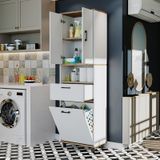 Çamaşır Sepetli Banyo Dolabı, Çok Amaçlı Dolap 60 X 200, Roomart Atlantik Çam - Beyaz