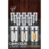 Cam+Çelik Tuzluk Biberlik Karabiberlik 3 Farklı Delikli 12 li SET 721946