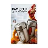 Cam+Çelik Tuzluk Biberlik Karabiberlik 3 Farklı Delikli 2 Li Set