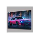 Camdan Tablo (1088) Kırmızı BMW Spor Otomobil Tablosu - Neon Işıklı Gece Sürüşü - Dekoratif Duvar Sanatı Görsel 90 x 60