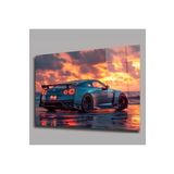 Camdan Tablo (1105) Gün Batımında Spor Araba Tablosu - Modern Nissan GT-R Duvar Sanatı - Şık ve Dinamik Dekoratif Tablo Görsel 72 x 48
