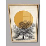 CAMDAN TABLO Ahşap Çerçeve Desenli Minimalist Ağaç ve Güneş Tasarımlı Duvar Dekoru Cam Tablo (90x60 cm)