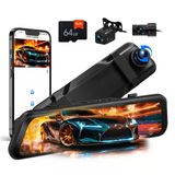 Camecho Aynalı Araç Kamerası, Dikiz Kameralı 9,66 İnç Ekran Full Hd 2K, Araç İçi Kamera Aynası Araba Ön Ve Arka, Döngü Kaydıyla Süper Gece Görüşü, G-Sensörü, Gps, Lca, Bsd, 64G Kart + 2*1080 Kamera