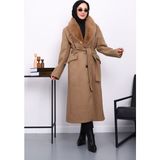 Camel Yaka Kürklü Kuşaklı Kaşe Kaban - 44