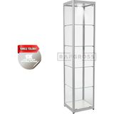 Camlı Vitrin Dolabı 40X40X180 cm – Spot Aydınlatmalı Kilitli Cam Gümüşlük ve Koleksiyon Sergileme Dolabı - Gri