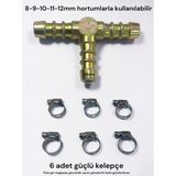 Campout 10MM 3 Çıkışlı Tüp Gaz Hortum Bağlantı T Eki Metal 3lü Te Ince Su Hortumlarına Uyar + 6AD Kelepçe