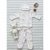 Can Baby 3’lü Pembe Desenli Yeni Doğan Bebek Takımı – %100 Pamuk – Kız Bebek Hastane Çıkışı Seti - Beyaz-1 - 0 - 3 Ay