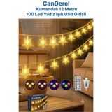 Canderel Kumandalı 12 Metre 100 Led Yıldız Usbli Sarı Işık 8 Modlu Ev Bahçe Balkon Ağaç Çit Süsü