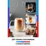 CandyShine Çift Camlı Çift Çidarlı Bardak Kulplu Cam Bardak Çift Katlı Isı Yalıtımlı Kulplu Kupa