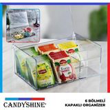 CandyShine Orta Boy 6 Bölmeli Şeffaf Akrilik Çay Kutusu - Dayanıklı ve Pratik Saklama Kabı