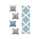 Cango Home Beyaz Mavi Modern Etnik Karo Desenli 4'lü Kırlent Kılıfı 1 Runner Seti 4kmbs100-rs-02