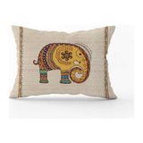 Cango Home CGH1254-3550 Çift Tarafı Baskılı - 35 x 50 cm Krem Etnik Fil Desenli Dijital Baskılı Kırlent Yastık Kılıfı