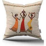 Cango Home CGH1258 - 43 x 43 cm Krem Etnik Afrika Kadın Figürlü Dijital Baskılı Kırlent Yastık Kılıfı