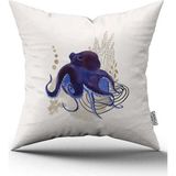 Cango Home Çift Taraflı Beyaz Mavi Ahtapot Marin Desenli Dijital Baskılı Kırlent Kılıfı CGH1121 - 50 x 50 cm
