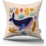 Cango Home Çift Taraflı Krem Mavi Marin Desenli Dijital Baskılı Kırlent Kılıfı CGH1180 - 50 x 50 cm