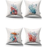 Cango Home Kırmızı Mavi Marin Desenli 4lü Dijital Baskılı Kırlent Kılıfı Seti - 4KMBS278 - 43 x 43 cm