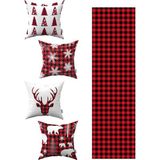 Cango Home Kırmızı Siyah Ekose Yılbaşı Temalı 4'lü Kırlent Kılıfı 1 Runner Seti 4KMBS84-RS-02 - 43 x 43 cm - Renkli