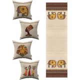 Cango Home Krem Etnik Afrika Figürlü Fil Desenli 4lü Kırlent Kılıfı 1 Runner Seti 4KMBS304-RS-2 - 43 x 43 cm