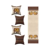 Cango Home Krem Kahverengi Etnik Fil Desenli 4'lü Kırlent Kılıfı 1 Runner Seti 4kmbs300-rs-1