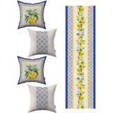 Cango Home Mavi Sarı Dekoratif Limon Desenli 4lü Kırlent Kılıfı 1 Runner Seti 4KMBS249-RS - 43 x 43 cm