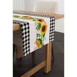 Cango Home Siyah Beyaz Kareli Ayçiçek Desenli Dijital Baskılı Runner CGH1237-RN - 40 x 140 cm