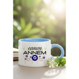 Canım Annem Baskılı Nazar Boncuğu Detaylı Anneler Gününe Özel Hediyelik Renkli Oval Kulplu Mini Çay Fincanı Kupa, GKMK2611-MV