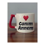Canım Annem Yazılı Kırmızı Kulplu Hediyelik Kupa Bardak - Seramik Çay, Kahve Hediyelik Bardağı - Krem - 1 Adet