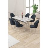 Canisa 90 x 160 cm Açılabilir Lak Panel Rampla Gri Masa Takımı, 6 Antrasit Sandalye, Krom Ayak
