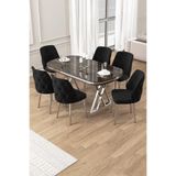Canisa Afe Serisi 90x168 cm Antrasit Mermer Desen Masa Takımı, 6 Siyah Sandalye, Krom Ayak