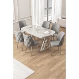 Canisa Afe Serisi 90x168 cm Beyaz Mermer Desen Masa Takımı, 6 Gri Sandalye, Krom Ayak
