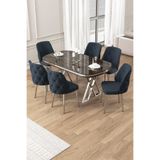 Canisa Afe Serisi 90x168 cm Lak Panel Antrasit Ironi Krom Ayak Masa Takımı, 6 Antrasit Sandalye