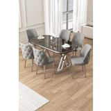 Canisa Afe Serisi 90x168 Lak Panel Antrasit Ironi krom Ayak Masa Takımı 6 Gri Sandalye