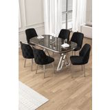 Canisa Afe Serisi 90x168 Lak Panel Antrasit Ironi krom Ayak Masa Takımı 6 Siyah Sandalye