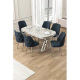 Canisa Afe Serisi 90x168 Lak Panel Beyaz Mermer Desen Krom Ayak Masa Takımı 6 Antrasit Sandalye