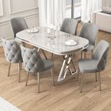 Canisa Afe Serisi 90x168 Lak Panel Beyaz Mermer Desen Krom Ayak Masa Takımı 6 Gri Sandalye