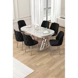 Canisa Afe Serisi 90x168 Lak Panel Beyaz Mermer Desen Krom Ayak Masa Takımı 6 Siyah Sandalye